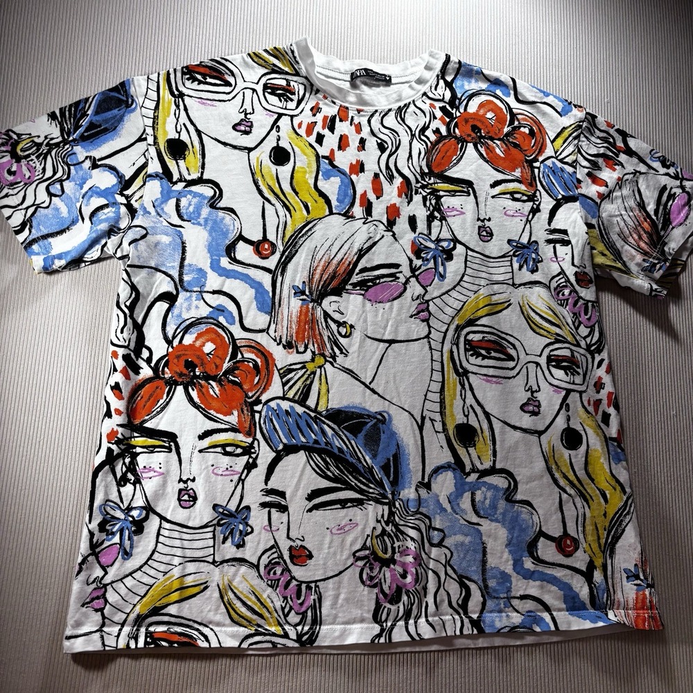 Zara T-shirt All Over Print Women's Faces Medium Art To Wear, Artsy Hippie Boho